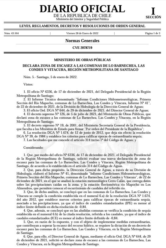 Región Metropolitana y Coquimbo: Diario Oficial publica decretos de escasez hídrica